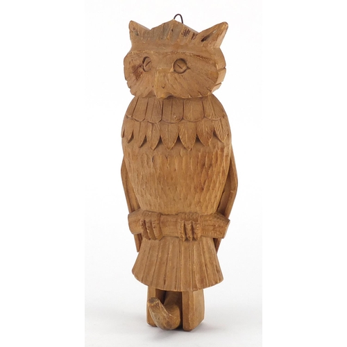 485 - Novelty carved wood owl coat hanger with moving wings, 27cm in length
