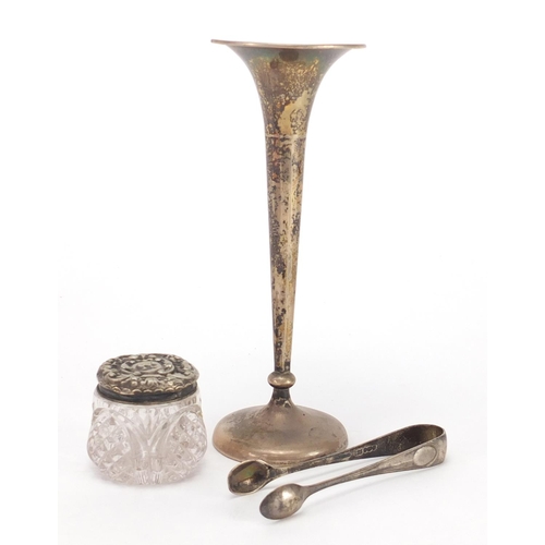 636 - Objects including a silver bud vase, pair of silver sugar tongs, enamelled bowling club badges and a... 