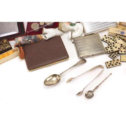 445 - Objects including silver sugar tongs and spoons, bone and ebony dominoes and porcelain pipes