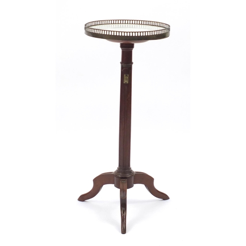 3 - Mahogany telescopic wine table with brass gallery and marble top, 78cm high x 33cm in diameter