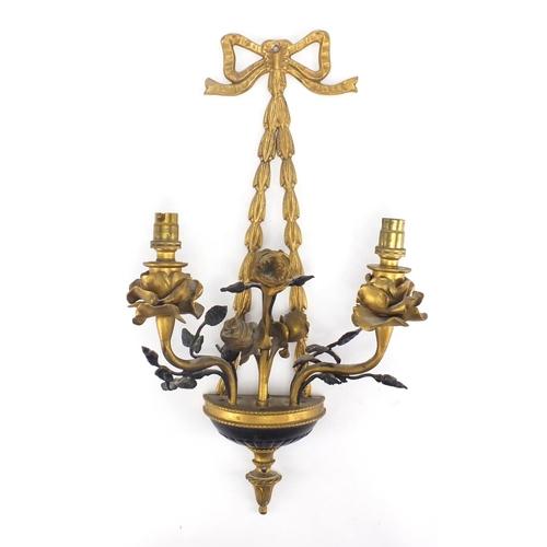 413 - Gilt brass swag and rose two branch wall sconce, 42cm in length
