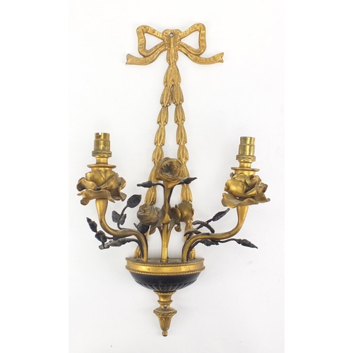 413 - Gilt brass swag and rose two branch wall sconce, 42cm in length