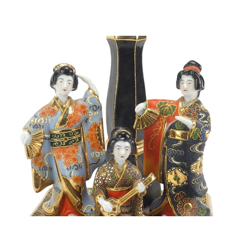544 - Japanese Satsuma table lamp with three Geisha's, 36cm high