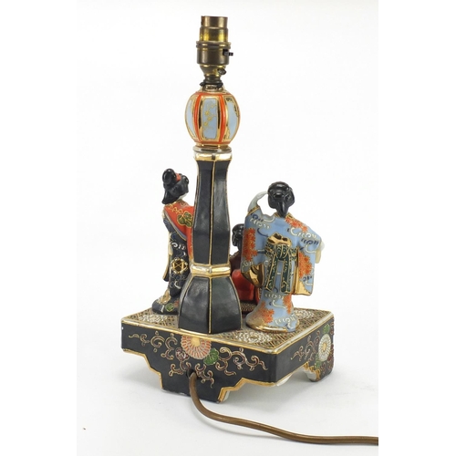 544 - Japanese Satsuma table lamp with three Geisha's, 36cm high
