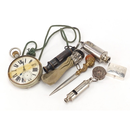 385 - Objects including two silver pill boxes, blackamoor bust letter opener, oversized pocket watch and A... 