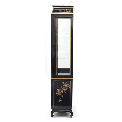 2004 - Chinese black lacquered display cabinet, hand painted with birds and flowers, having a pair of bevel... 