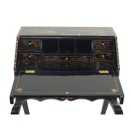 2024 - Chinese black lacquered bureau, hand painted with figures in a river landscape with pagodas, the fal... 