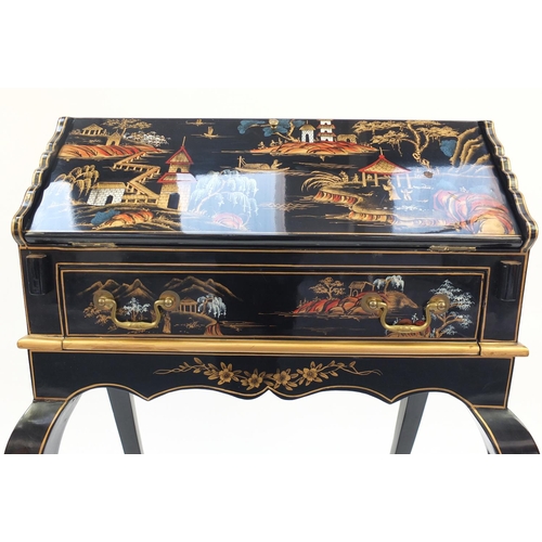 2024 - Chinese black lacquered bureau, hand painted with figures in a river landscape with pagodas, the fal... 