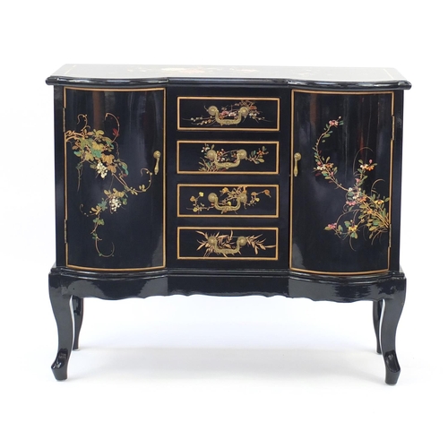 2012 - Chinese black lacquered side cabinet, hand painted with birds of paradise amongst flowers, fitted wi... 