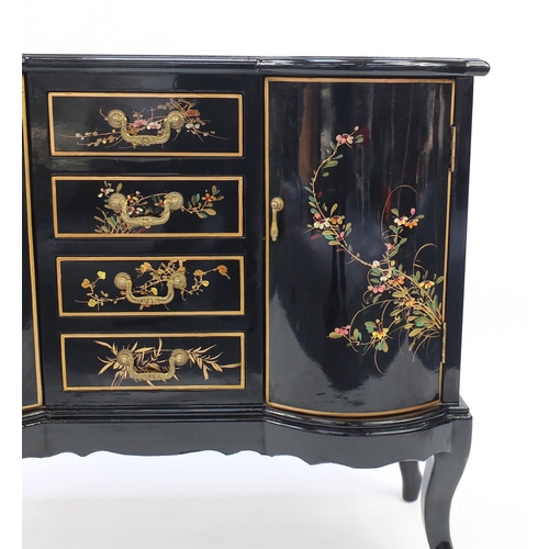 2012 - Chinese black lacquered side cabinet, hand painted with birds of paradise amongst flowers, fitted wi... 