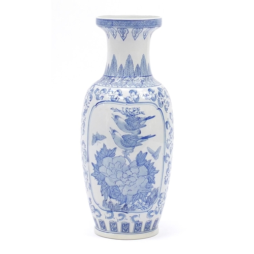 536 - Large Chinese blue and white porcelain vase, decorated with birds amongst leaves, 60cm high