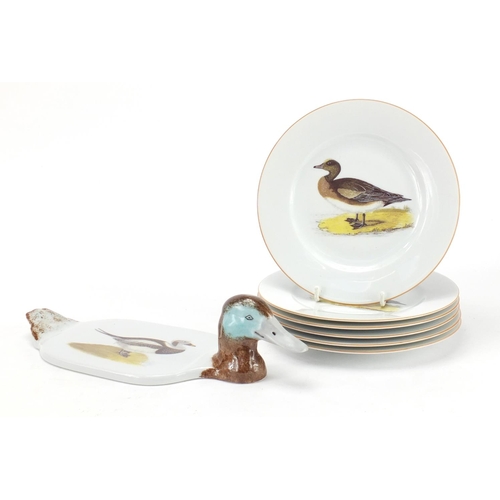 504 - Set of six Limoges Philippe Deshoulieres, porcelain duck plates with stand