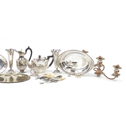 264 - Silver plate including a three branch candelabra, three pierce tea set and an entrée dish with cover