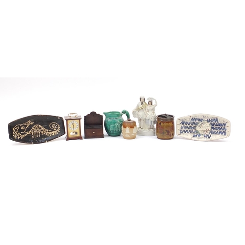 254 - Sundry items including a Royal Doulton stoneware tobacco jar and cover, Wedgwood Majolica jug, mante... 