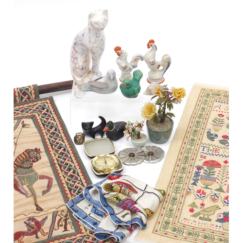 572 - Sundry items including two Russian USSR cockerels, travel alarm clock and two tapestry wall hangings
