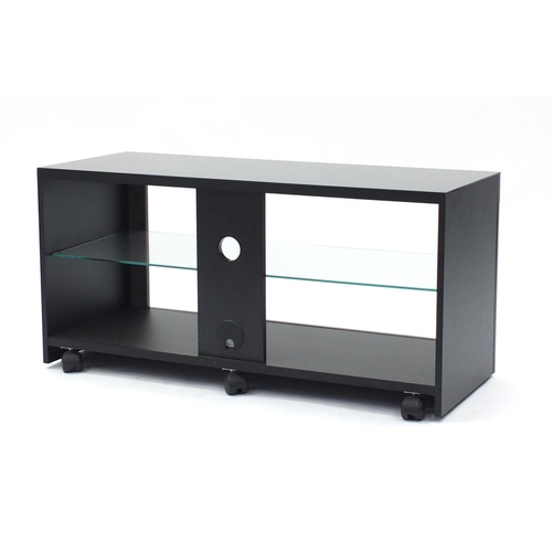 47 - Contemporary black gloss multi media stand with glass shelf, 53cm H x 110cm W x 42cm D