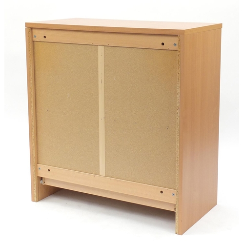 32 - Light wood side cabinet with a pair of cupboard doors enclosing a shelf above two drawers, 100cm H x... 