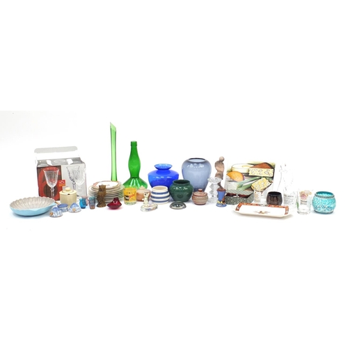 601 - China and glassware including a heavy purple glass vase, Chinese wax seal set and a Poole shell shap... 