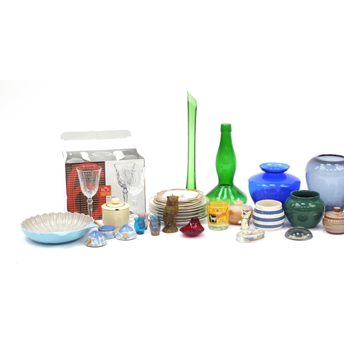 601 - China and glassware including a heavy purple glass vase, Chinese wax seal set and a Poole shell shap... 
