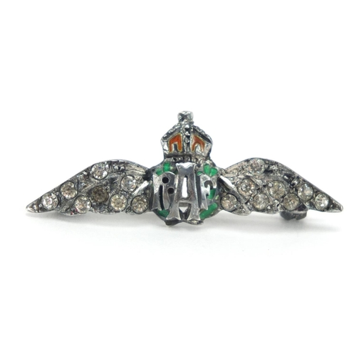 665 - Military interest silver and enamel RAF brooch set with clear stones, 3.5cm wide