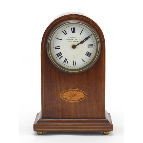 219 - Edwardian inlaid mahogany mantel clock, the enamelled dial inscribed Northern Goldsmiths Co Newcastl... 