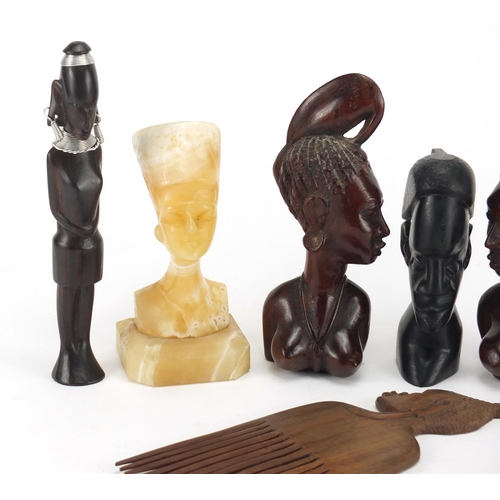 549 - African carved wood busts, figures and a alabaster carving of Nefertiti