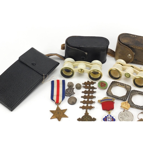 422 - Objects including opera glasses, commemorative medallions and British Military medal
