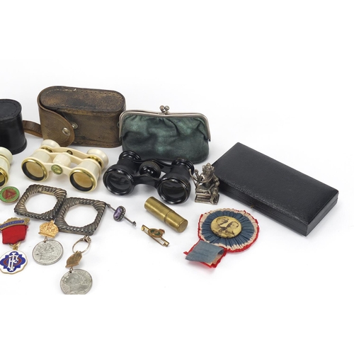 422 - Objects including opera glasses, commemorative medallions and British Military medal