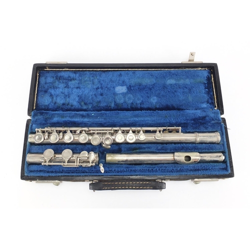 192 - J M Grassi three piece silver plated flute with carry case