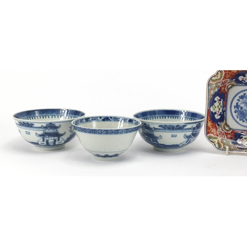 567 - Three Chinese blue and white porcelain bowls and five Imari patterned bowls