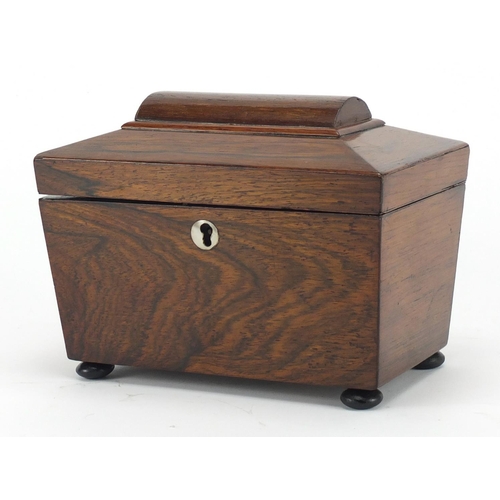 2097 - Victorian rosewood sarcophagus tea caddy with twin divisional interior, 16cm H x 20cm W x 12.5cm D