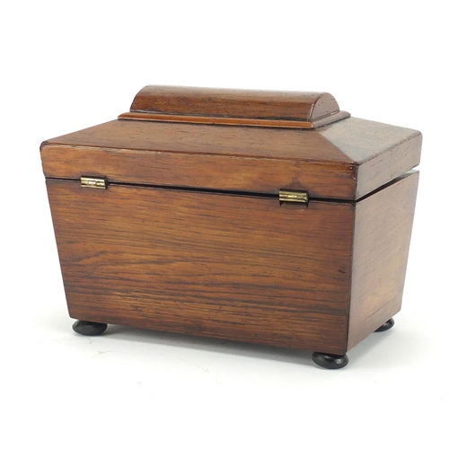 2097 - Victorian rosewood sarcophagus tea caddy with twin divisional interior, 16cm H x 20cm W x 12.5cm D