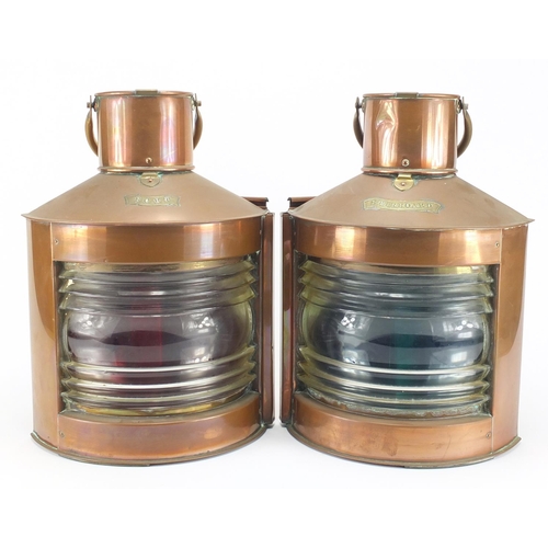 2086 - Pair of copper and brass ships lanterns, Starboard and Port, each 38cm high