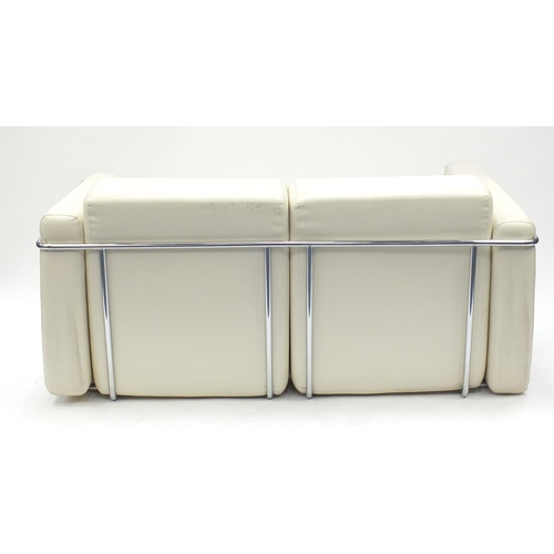 2019 - Contemporary cream faux leather and chrome framed two seater settee, 150cm wide