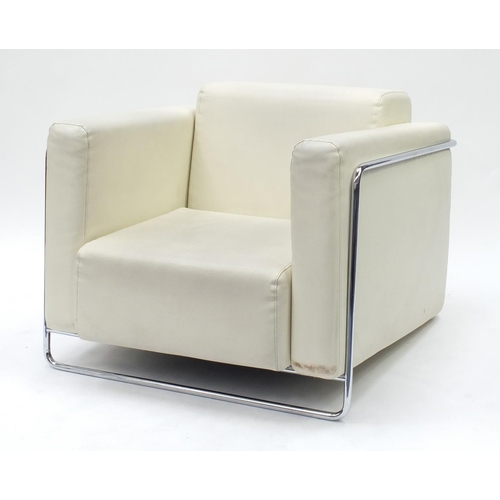 2020 - Contemporary cream faux leather and chrome framed armchair, 71cm H x 90cm W x 85cm D
