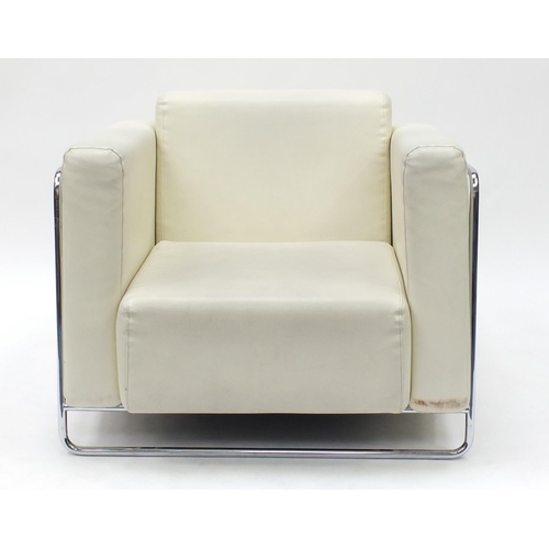 2020 - Contemporary cream faux leather and chrome framed armchair, 71cm H x 90cm W x 85cm D