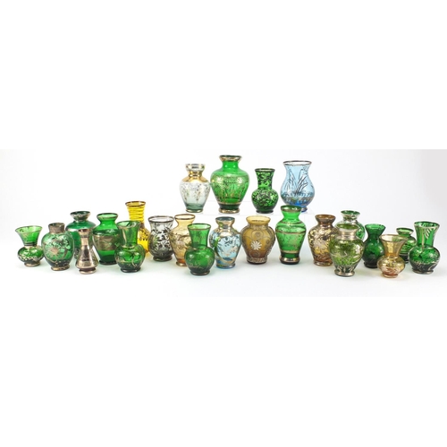 272 - Collection of colourful glass vases with silver overlay, the largest  12cm high