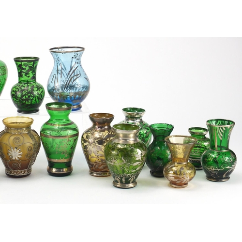 272 - Collection of colourful glass vases with silver overlay, the largest  12cm high