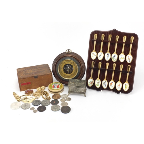 522 - Sundry items including World coins, costume jewellery, oak barometer and set of enamelled bird teasp... 