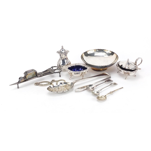 367 - Silver plate including a three piece cruet, pedestal bowl and candle snuffers