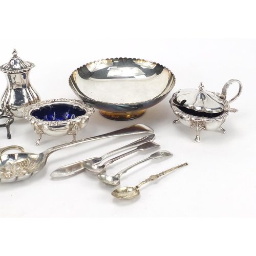 367 - Silver plate including a three piece cruet, pedestal bowl and candle snuffers