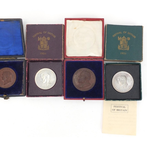 458 - Two commemorative medallions and three 1951 Festival of Britain crowns, each with fitted box