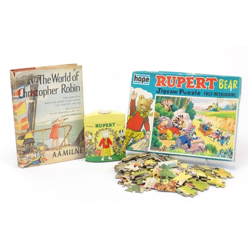 523 - Rupert the Bear talcum powder, jigsaw puzzle and The World of Christopher Robin by A A Milnee