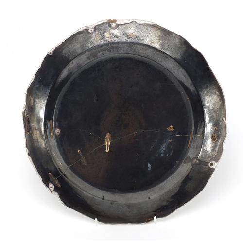 566 - Antique tin glazed plate, 30cm in diameter