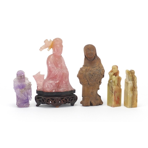 444 - Chinese figures including soapstone seals and a root carving