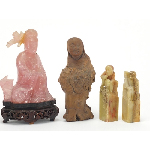 444 - Chinese figures including soapstone seals and a root carving