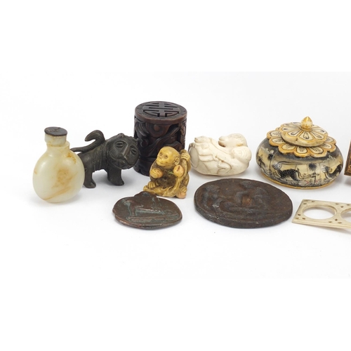 415 - Eastern objects including a Mughal style panel, monkey netsuke, carved stone scent bottle and bone c... 