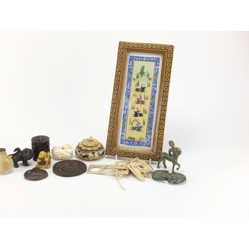415 - Eastern objects including a Mughal style panel, monkey netsuke, carved stone scent bottle and bone c... 