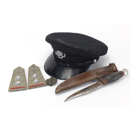678 - St John's Ambulance visor cap, pair of epilates, cap badge and hunting knife