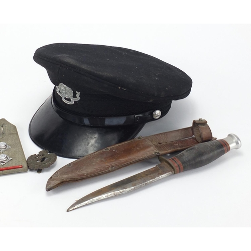 678 - St John's Ambulance visor cap, pair of epilates, cap badge and hunting knife